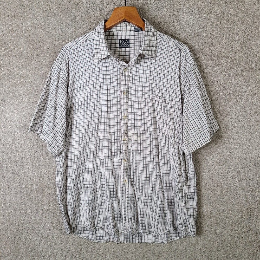 Jos A Bank Shirt Men L White Black Red Plaid Button Up Cotton Rayon Short Sleeve